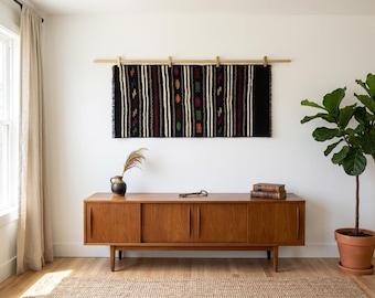 Vintage wollen kelim wandkleed, handgemaakt tribal tapijt, aardetinten boho-tapijt