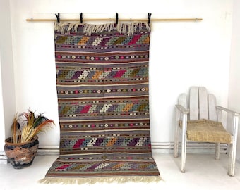 Vintage Wool Rug, Boho Ethnic Floor Mat, Living Room Decor, 4'3 x 7'7 ft