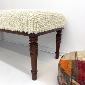 Handmade Walnut Bench, Natural Wool Bouclé Upholstery, Mid-Century Modern Entryway Seating image 4