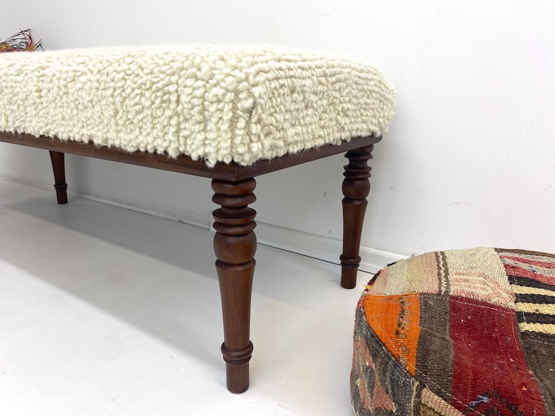 Handmade Walnut Bench, Natural Wool Bouclé Upholstery, Mid-Century Modern Entryway Seating image 4