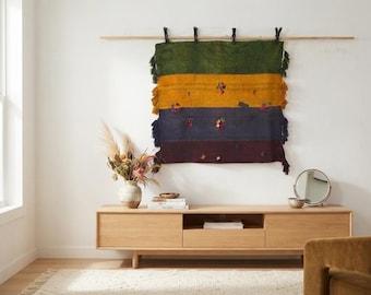 Vintage Anatolian Wool Rug Wall Hanging, Woven Textile Art (3'3"x3'5")