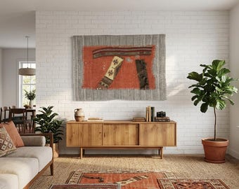 Vintage türkischer Kelim Wandbehang, Boho Abstrakter gewebter Wandteppich (2'4x3'4 ft)