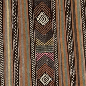 Op de afbeelding: Een geweven textiel met verticale strepen in tinten bruin, beige, grijs en groenblauw. Het patroon bevat herhalende geometrische ruitvormen in roze, geel en groen, gescheiden door smalle zwart-witte zigzaglijnen als randen.