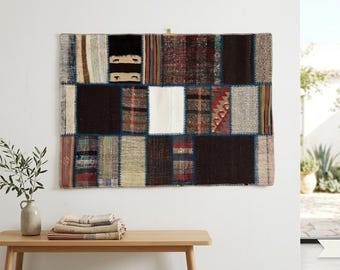Vintage Handwoven Wool Wall Art Rug: Boho Woven Tapestry (3’3x4’7 ft)