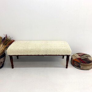 Handmade Walnut Bench, Natural Wool Bouclé Upholstery, Mid-Century Modern Entryway Seating image 2