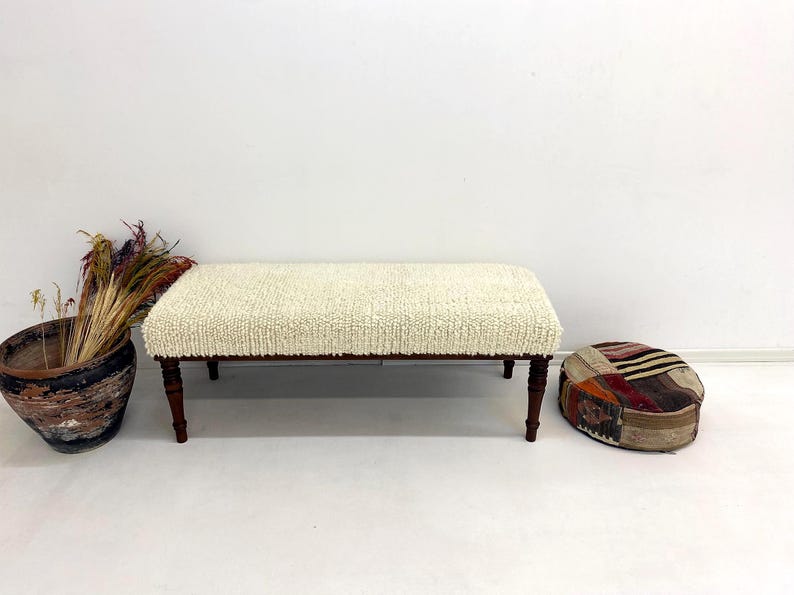Handmade Walnut Bench, Natural Wool Bouclé Upholstery, Mid-Century Modern Entryway Seating image 2