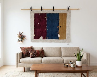 Vintage Anatolian Wool Rug Wall Hanging, Woven Textile Art (3'4"x4'4")