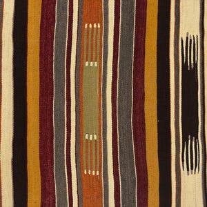 May include: A woven textile featuring vertical stripes in shades of mustard yellow, deep burgundy, charcoal gray, cream, black, and muted sage green. The pattern includes intermittent dashed lines and solid blocks of color throughout the fabric surface.
