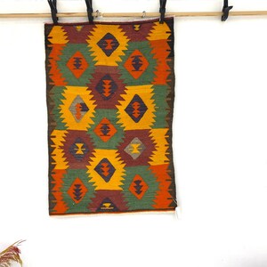 Vintage Turkish Wool Rug: Geometric Boho Wall Hanging (2’4x3’6 ft)