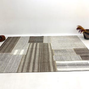 Large 7x10 Vintage Patchwork Rug, Neutral Earth Tone Wool Carpet, (6’9x9’9 ft)