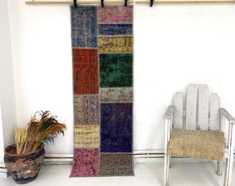 Vintage Patchwork Hallway Rug: Handstitched Turkish Wool, 2’3x6’6 ft