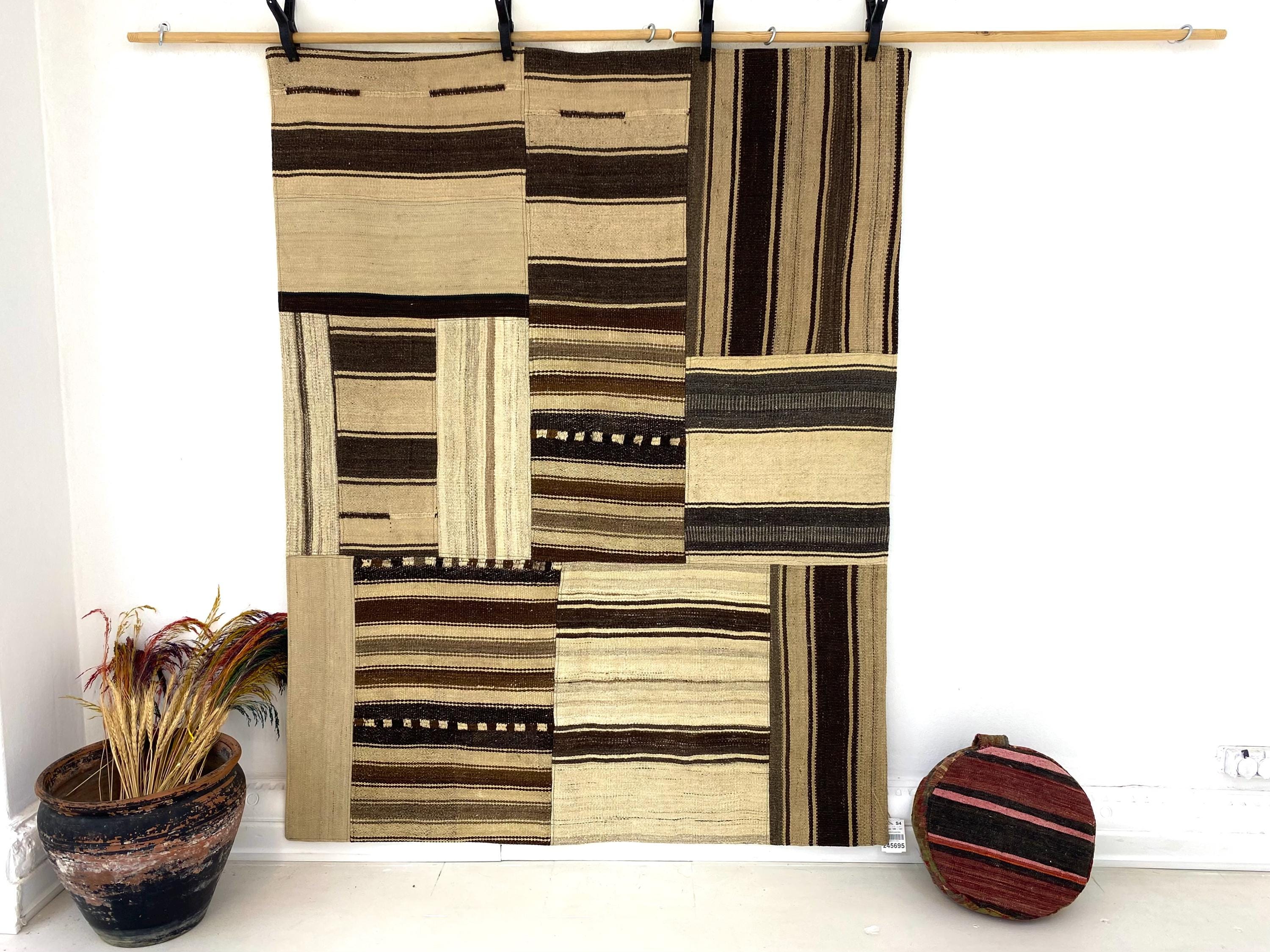 Vintage Turkish Kilim Rug: Handmade Wool Striped Area Rug (4'6x5'9