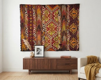 Vintage Wool Woven Tapestry, Boho Ethnic Textile Art, Rustic Home Accent (3'3"x4'1")