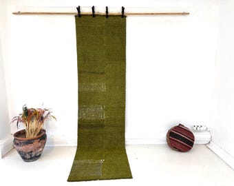 Vintage Olive Green Hemp Jute Runner Rug, Handwoven Boho Texture Decor 2'3x8'4