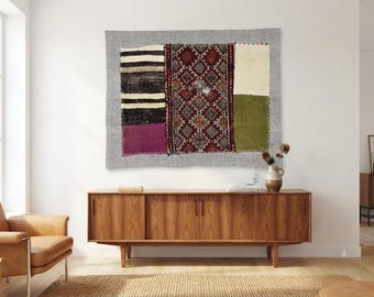 Vintage Handwoven jute wool Wall Art Rug: Boho Woven Tapestry (3’3x4’0 ft)