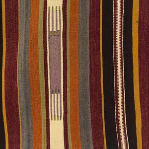 May include: A woven textile featuring vertical stripes in shades of rust orange, deep burgundy, charcoal gray, mustard yellow, olive green, and cream. The pattern includes a central rectangular block with small horizontal line details.