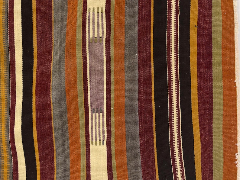 May include: A woven textile featuring vertical stripes in shades of rust orange, deep burgundy, charcoal gray, mustard yellow, olive green, and cream. The pattern includes a central rectangular block with small horizontal line details.