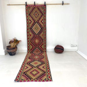 Vintage Wool Kilim Runner Rug, 2&#39;6x12&#39;2 ft, Handwoven Geometric Turkish Tribal Rug, Hallway Runner Rug, Anatolian Rug, 372x80 cm