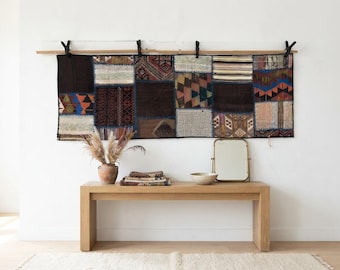 Vintage Wool Patchwork Tapestry, Boho Panoramic Wall Art, Handmade Horizontal Rug (2'2x6'5 ft)