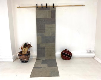 Vintage Patchwork Hemp Runner, Rustic Boho Jute Hallway Carpet, Eco Friendly Floor Decor