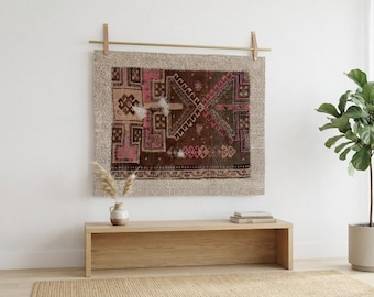 Vintage Hand-Woven Wool Tapestry, Anatolian Patchwork Wall Hanging (3'4x4'2 ft)
