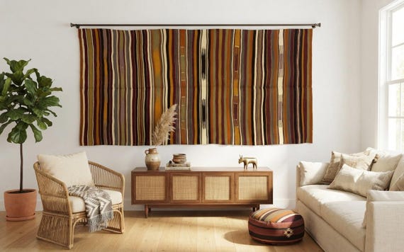 Vintage Handwoven Wool Rug Tapestry: Wall Art Rug, (4'4x9'6 ft, 1960s)