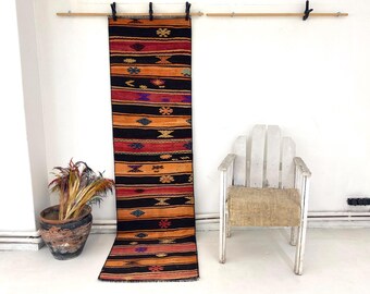 Vintage Wool Kilim Runner Rug, Handwoven Tribal Boho Hallway Decor (2x8)