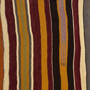 May include: A woven textile featuring vertical stripes in shades of deep burgundy, mustard yellow, black, cream, olive green, and soft lavender. The fabric has a visible textured weave and a fringed edge along the left side with a small embroidered detail.
