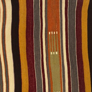 May include: A woven textile featuring a repeating pattern of vertical stripes in shades of mustard yellow, deep burgundy, charcoal gray, cream, and sage green. The fabric displays a textured, flat-weave construction with subtle variations in color.