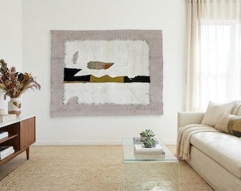 Vintage Turkish jute Wall Hanging, Boho Abstract Woven Tapestry, 3'3x4'4 ft