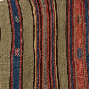 Op de afbeelding: Een geweven textiel met verticale strepen in olijfgroen, donkerrood, marineblauw en beige. De stof heeft een getextureerd, grof weefsel met kleine, geborduurde geometrische motieven verspreid over het oppervlak en een gerafelde rand aan de rechterkant.