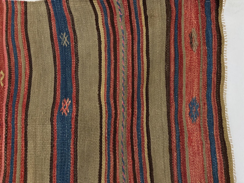 Op de afbeelding: Een geweven textiel met verticale strepen in olijfgroen, donkerrood, marineblauw en beige. De stof heeft een getextureerd, grof weefsel met kleine, geborduurde geometrische motieven verspreid over het oppervlak en een gerafelde rand aan de rechterkant.
