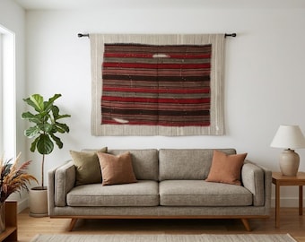Vintage Anatolischer Kelim Wandbehang, Handgewebter Gestreifter Wollteppich (3'3x4'3 ft)