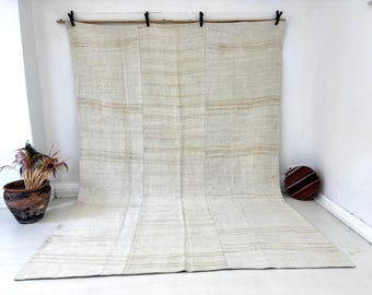 Vintage Hemp Jute Rug 7x10, Natural Fiber Bohemian Area Carpet