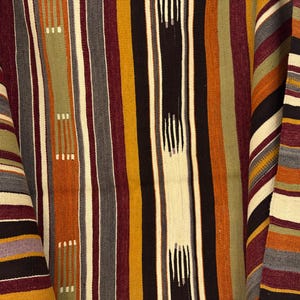 May include: A woven textile featuring a repeating vertical striped pattern in shades of mustard yellow, deep burgundy, olive green, black, cream, and grey. The fabric displays a textured weave with alternating solid and dashed line segments.