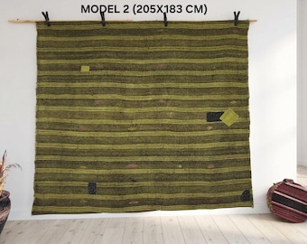 Vintage Turkish Wool jute Wall Art Rug: Handmade Tapestry