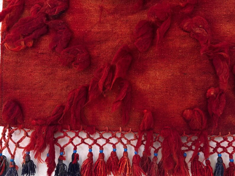 May include: Close-up of a red textile with a textured surface and tufted accents. The bottom edge features a decorative fringe with tassels in red, blue, and gray, adding a handcrafted look.