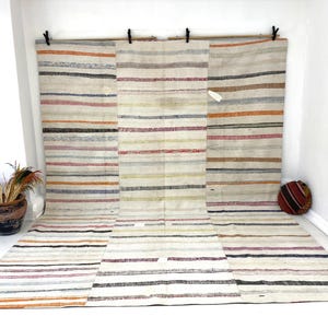Large Hand Woven Cotton Rug: Vintage Turkish Striped Decor (8’2x11’7 ft)