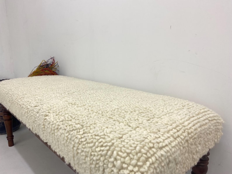 Handmade Walnut Bench, Natural Wool Bouclé Upholstery, Mid-Century Modern Entryway Seating image 5