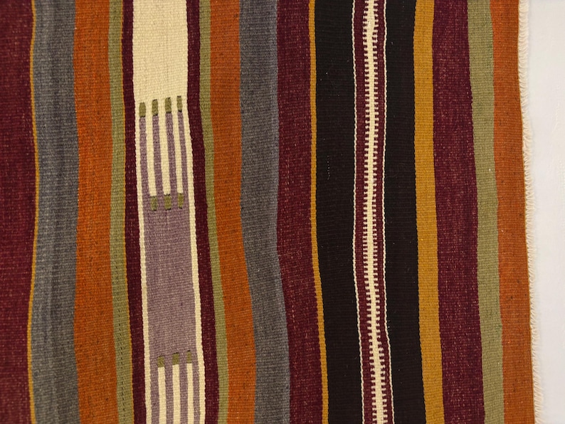 May include: A woven textile featuring vertical stripes in shades of deep burgundy, burnt orange, mustard yellow, olive green, charcoal gray, and cream. The fabric displays a textured, flat-weave pattern with a visible fringe along the right edge.
