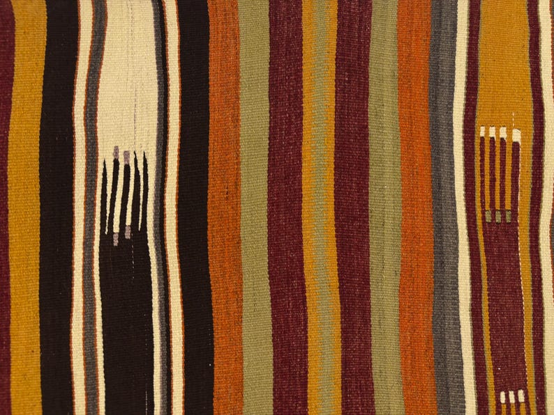 May include: A woven textile featuring vertical stripes in shades of mustard yellow, deep burgundy, olive green, black, and cream. The fabric displays a textured surface with small, repeating rectangular patterns integrated into the striped design.