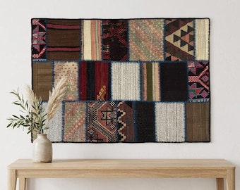 Vintage Patchwork Tapestry, Handcrafted Wall Hanging, Bohem & Ethnic Home Decor, (3’3x4’7 ft)