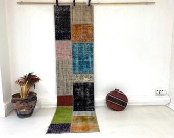 Vintage Patchwork Runner Rug, Colorful Wool Turkish Hallway Rug, 2'2x8'5 ft