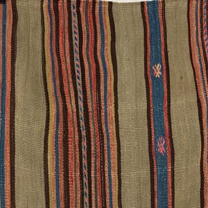 Op de afbeelding: Een geweven textiel met een reeks verticale strepen in tinten olijfgroen, donkerbruin, blauw en rood. De stof vertoont een gestructureerde, platgeweven constructie met kleine, herhalende geometrische motieven ge&iuml;ntegreerd in het streeppatroon.