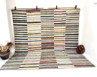 Vintage Handmade Cotton Striped Boho Rug, 9'3 x 10'2 Living Room Decor