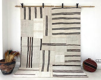 Tappeto patchwork vintage in canapa, tappeto in juta naturale, kilim organico a righe, 183 x 234 cm