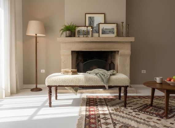 Handmade Walnut Bench, Natural Wool Bouclé Upholstery, Mid-Century Modern Entryway Seating