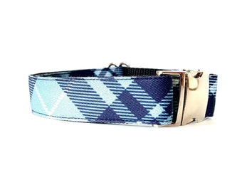 Personalized Blue plaid dog collar and leash set, Christmas gift for new puppy, cute dog collar, new puppy gift, rescue dog collar