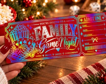 Holographic Foil Family Game Night Ticket Invitation, Personalized Party Invite