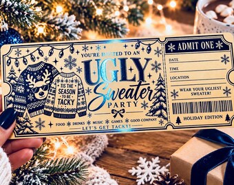 Ugly Sweater Party Invitation, Ticket Style, Holographic Foil, Christmas Holiday Invite